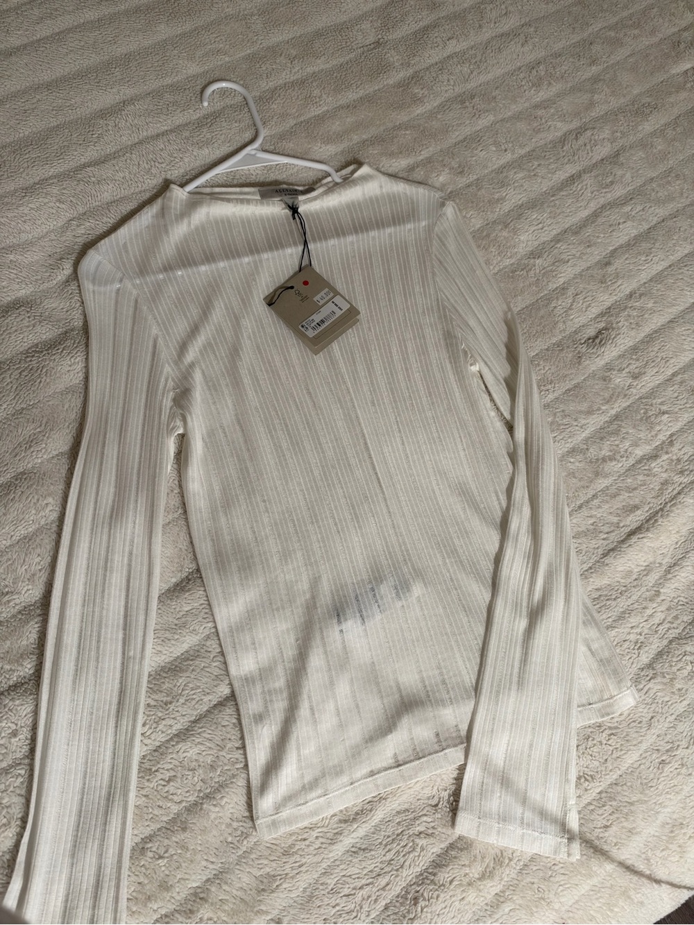 AllSaints Mesh Cream Ribbed Long-Sleeve Top